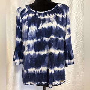 Michael Kors white & blue tie dye crewneck 3/4 sleeve blouse size small